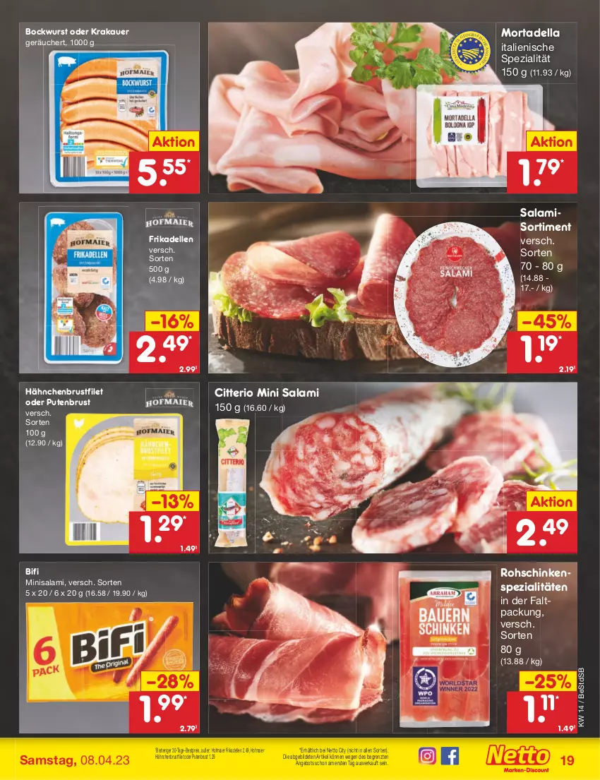 Aktueller Prospekt Netto Marken-Discount - Filial-Angebote - von 03.04 bis 08.04.2023 - strona 19 - produkty: angebot, auer, bestpreis, bifi, bockwurst, brustfilet, dell, eis, elle, filet, frikadellen, hähnchenbrust, hähnchenbrustfilet, krakauer, mortadella, pute, putenbrust, reis, rohschinken, salami, schinken, Spezi, Ti, wurst, ZTE