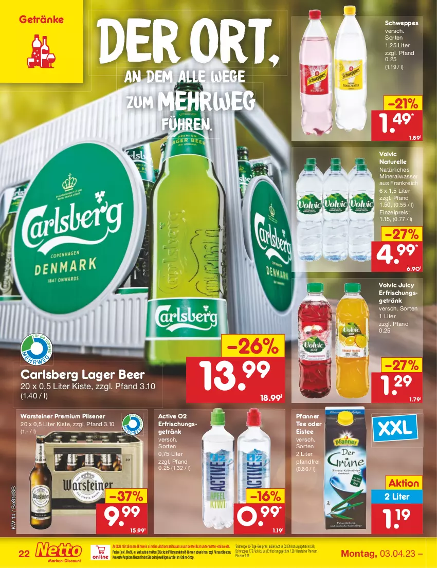 Aktueller Prospekt Netto Marken-Discount - Filial-Angebote - von 03.04 bis 08.04.2023 - strona 22 - produkty: Alwa, bestpreis, carlsberg, eis, eistee, elle, erfrischungsgetränk, getränk, getränke, mineralwasser, natur, natürliches mineralwasser, ndk, pfanne, Pfanner, pils, pilsener, premium pils, reis, rel, rwe, schweppes, steiner, tee, Ti, volvic, warsteiner, wasser