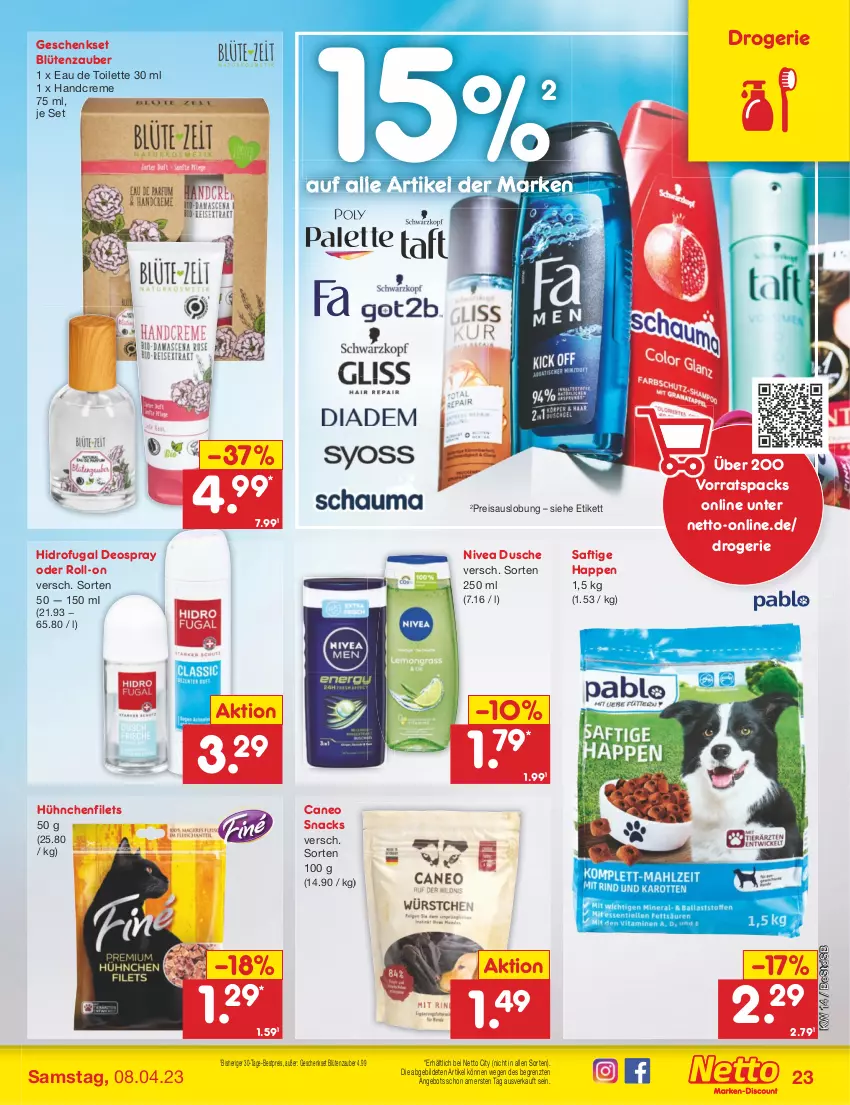 Aktueller Prospekt Netto Marken-Discount - Filial-Angebote - von 03.04 bis 08.04.2023 - strona 23 - produkty: angebot, bestpreis, Blüte, creme, deo, deospray, dusche, eau de toilette, eau de toilette 30 ml, eis, filet, filets, geschenkset, handcreme, nivea, reis, roll-on, saft, snack, snacks, Ti, ZTE