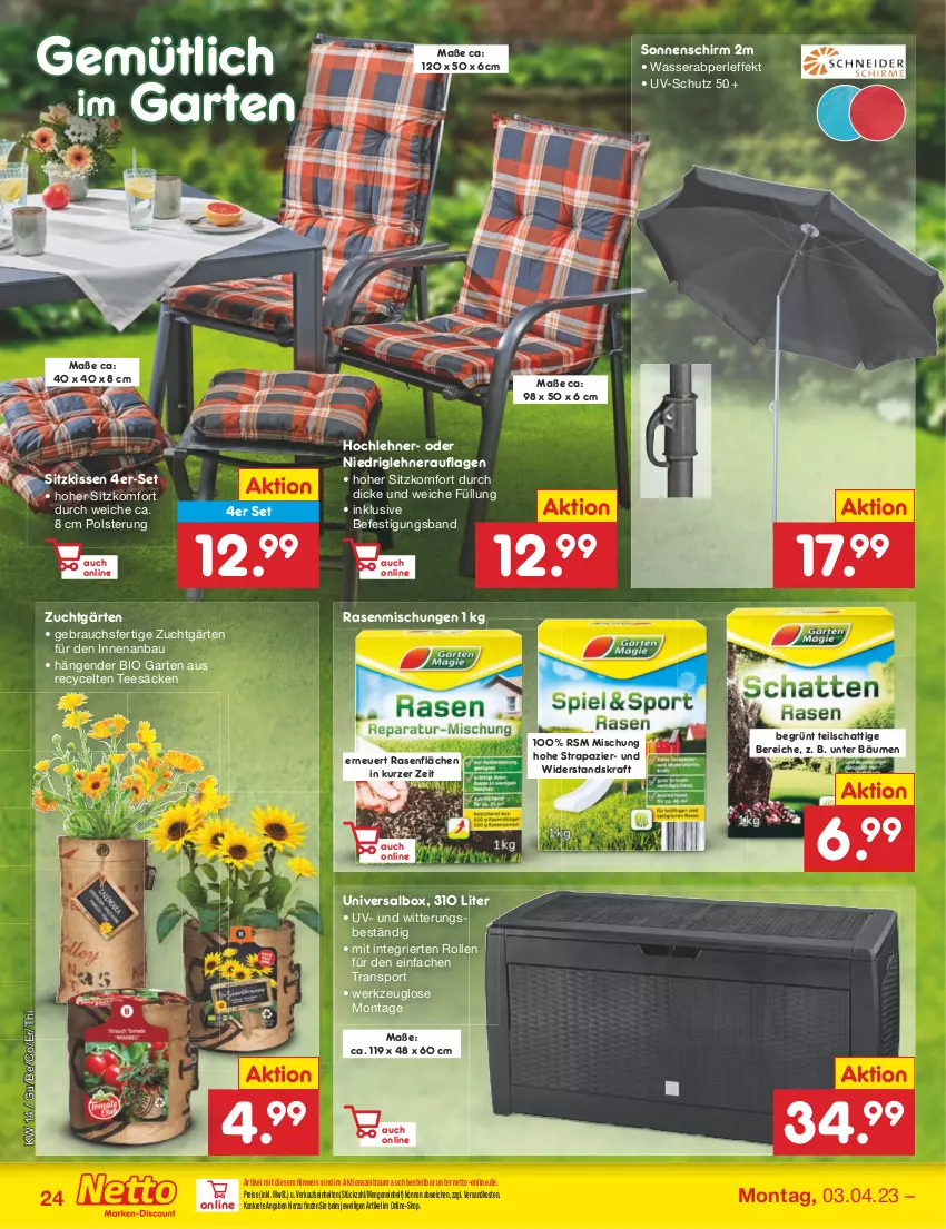 Aktueller Prospekt Netto Marken-Discount - Filial-Angebote - von 03.04 bis 08.04.2023 - strona 24 - produkty: Bau, bio, eis, Garten, kissen, kraft, ndk, rasen, Rauch, reis, senf, sitzkissen, sonnenschirm, Sport, tee, Ti, uv-schutz, wasser, werkzeug