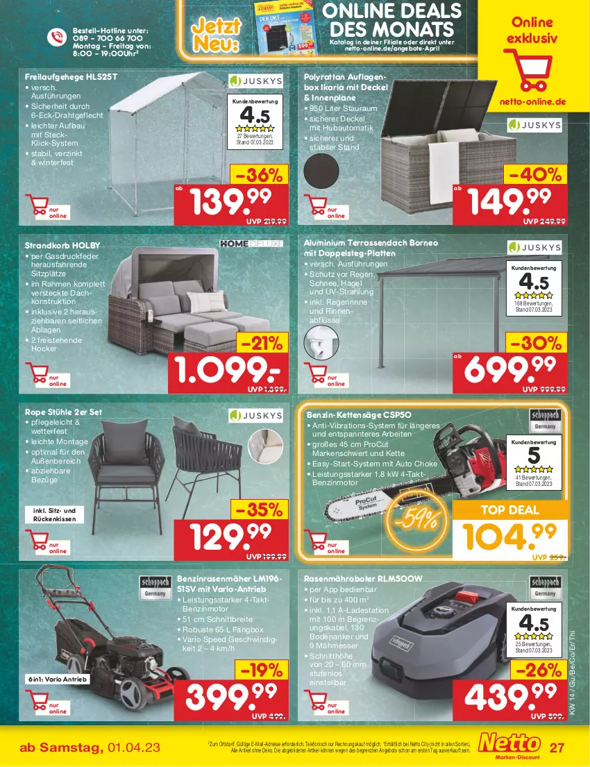 Aktueller Prospekt Netto Marken-Discount - Filial-Angebote - von 03.04 bis 08.04.2023 - strona 27 - produkty: angebot, angebote, auflagenbox, auto, Bau, Brei, decke, Deckel, Draht, eis, hocker, Kette, kissen, korb, latte, mähroboter, messer, ndk, pril, rasen, rasenmäher, reis, Ria, Rückenkissen, säge, spee, strandkorb, Stühl, telefon, Ti, uhr, ZTE