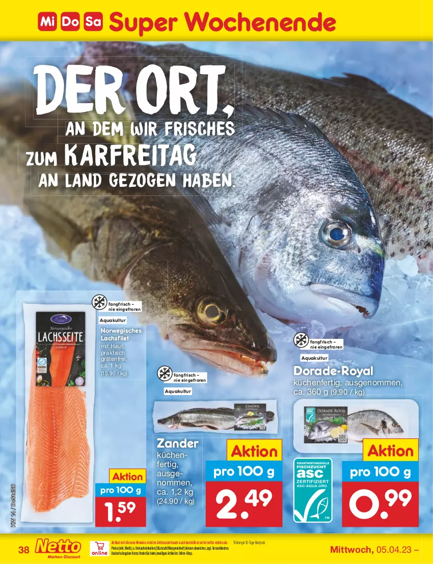 Aktueller Prospekt Netto Marken-Discount - Filial-Angebote - von 03.04 bis 08.04.2023 - strona 38 - produkty: aqua, bestpreis, Dorade, eis, filet, küche, Küchen, lachs, lachsfilet, ndk, reis, rwe, Ti, tisch, Zander