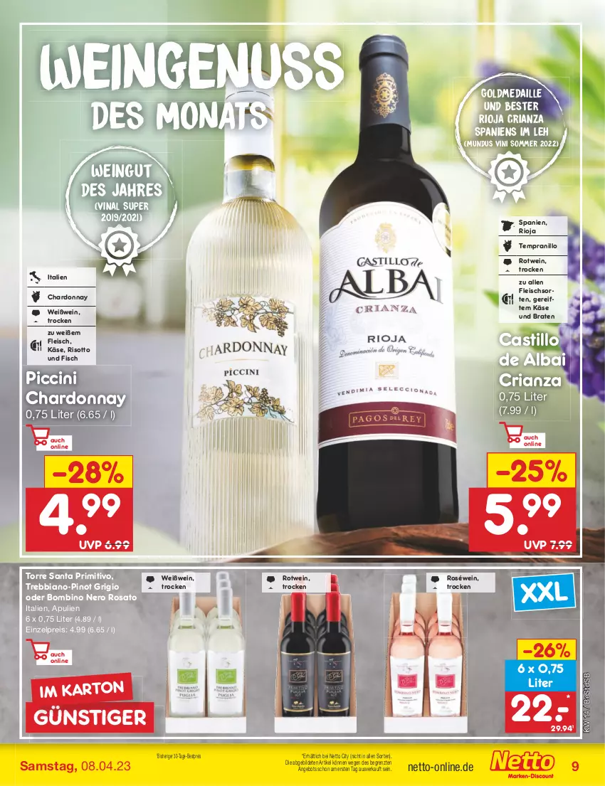 Aktueller Prospekt Netto Marken-Discount - Filial-Angebote - von 03.04 bis 08.04.2023 - strona 9 - produkty: angebot, asti, bestpreis, braten, chardonnay, cin, eis, fisch, fleisch, Käse, nero, nuss, Pinot, pinot grigio, primitivo, reis, Ria, rioja, risotto, rosato, roséwein, rotwein, tempranillo, Ti, wein, Weißwein, ZTE