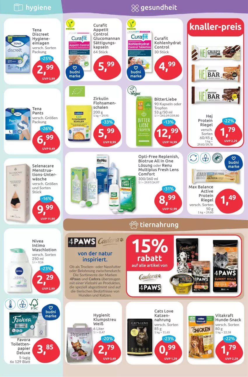 Aktueller Prospekt Budni - Prospekte - von 14.08 bis 19.08.2023 - strona 5 - produkty: bio, Discreet, ente, klumpstreu, kraft, Lotion, nassfutter, natur, nivea, Pants, papier, riegel, Schal, Schale, snack, Spezi, Ti, vita, vitakraft, Waschlotion