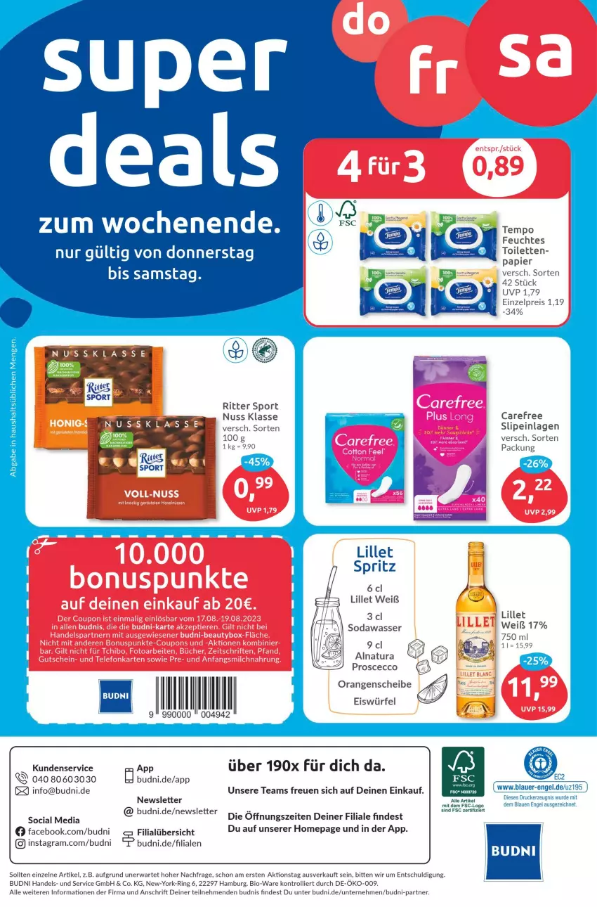 Aktueller Prospekt Budni - Prospekte - von 14.08 bis 19.08.2023 - strona 8 - produkty: auer, bio, carefree, drucker, ecco, eis, eiswürfel, Engel, kerze, lillet, nuss, Omep, orange, orangen, papier, reis, ring, ritter, ritter sport, slip, slipeinlagen, Soda, Sport, Ti, trolli, wasser, würfel, Yo