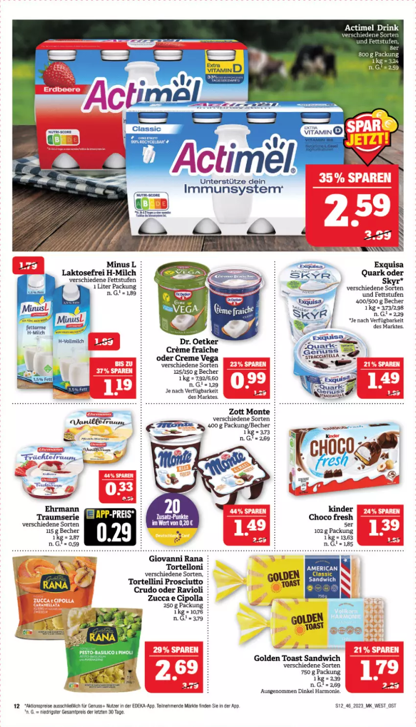 Aktueller Prospekt Marktkauf - Prospekt - von 12.11 bis 18.11.2023 - strona 12 - produkty: aktionspreis, Becher, choco fresh, creme, deka, ehrmann, eis, exquisa, golden toast, Kinder, milch, monte, nuss, prosciutto, quark, ravioli, reis, rum, sandwich, Skyr, tee, Ti, toast, torte, tortellini, vollmilch, zott, Zott Monte, ZTE