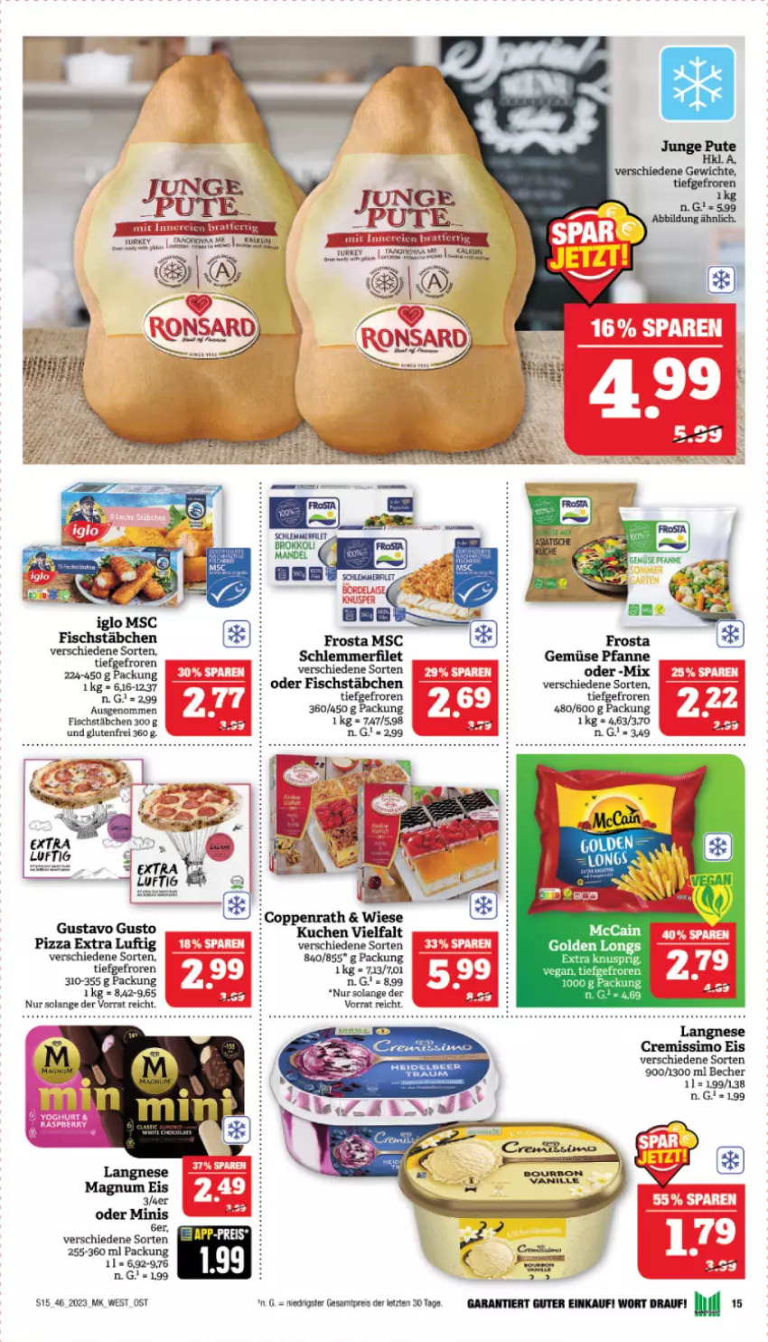 Aktueller Prospekt Marktkauf - Prospekt - von 12.11 bis 18.11.2023 - strona 15 - produkty: Becher, eis, filet, fisch, fischstäbchen, frosta, Golden Longs, iglo, küche, kuchen, pfanne, pizza, reis, schlemmerfilet, tee, Ti, ZTE