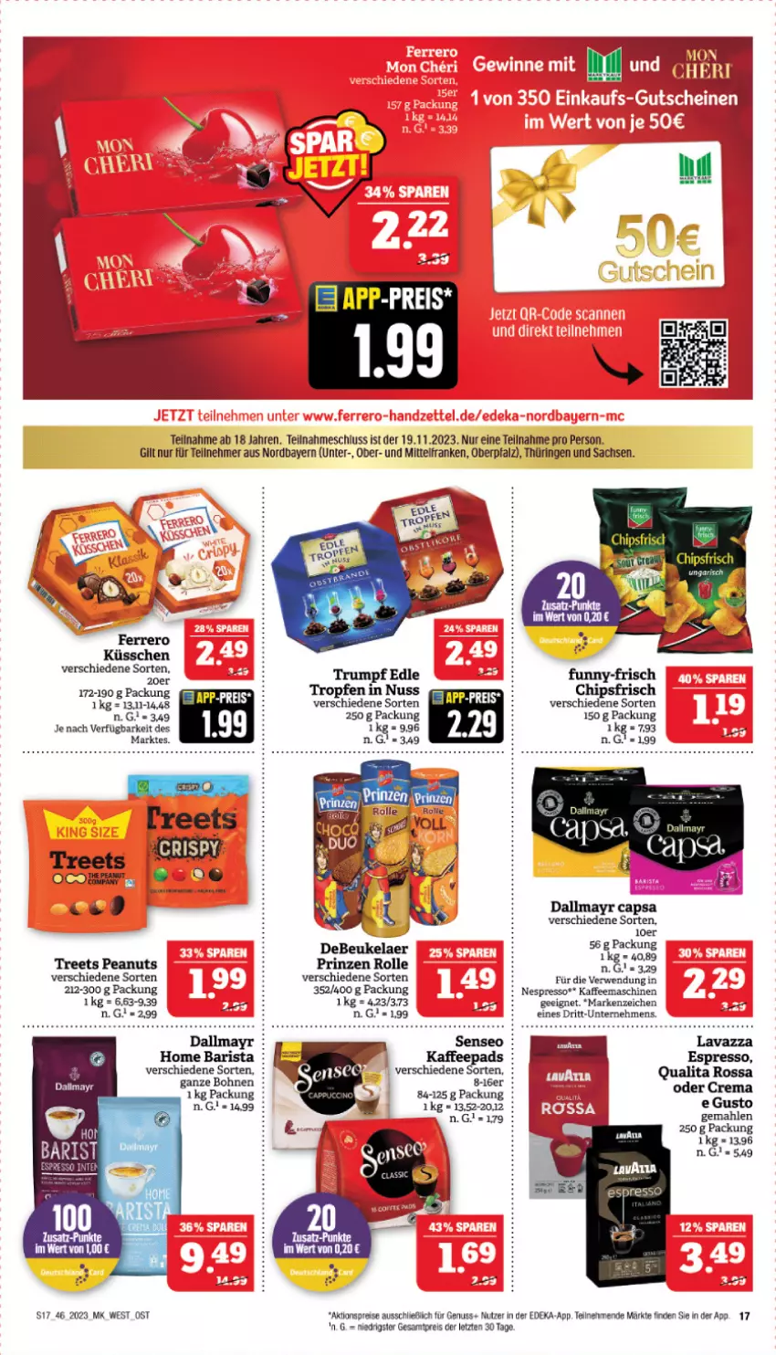 Aktueller Prospekt Marktkauf - Prospekt - von 12.11 bis 18.11.2023 - strona 17 - produkty: aktionspreis, bohne, bohnen, Cap, chips, chipsfrisch, dallmayr, dallmayr capsa, debeukelaer, deit, deka, eis, espresso, ferrero, Ferrero Küsschen, funny-frisch, kaffee, kaffeemaschine, nespresso, nuss, prinzen rolle, reis, ring, rum, rwe, sac, Ti, ZTE