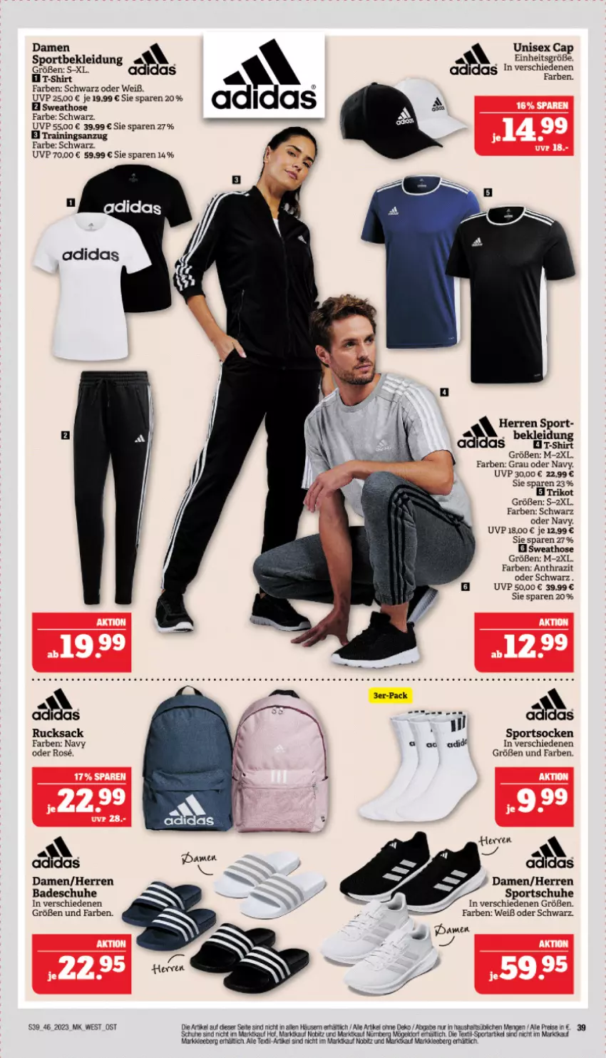 Aktueller Prospekt Marktkauf - Prospekt - von 12.11 bis 18.11.2023 - strona 39 - produkty: Adidas, Anzug, Bad, Cap, eis, hose, kleid, Kleidung, reis, rucksack, sac, schuhe, shirt, socken, Sport, sportschuhe, sportsocken, Sweathose, T-Shirt, tee, Ti, trainingsanzug, Trikot