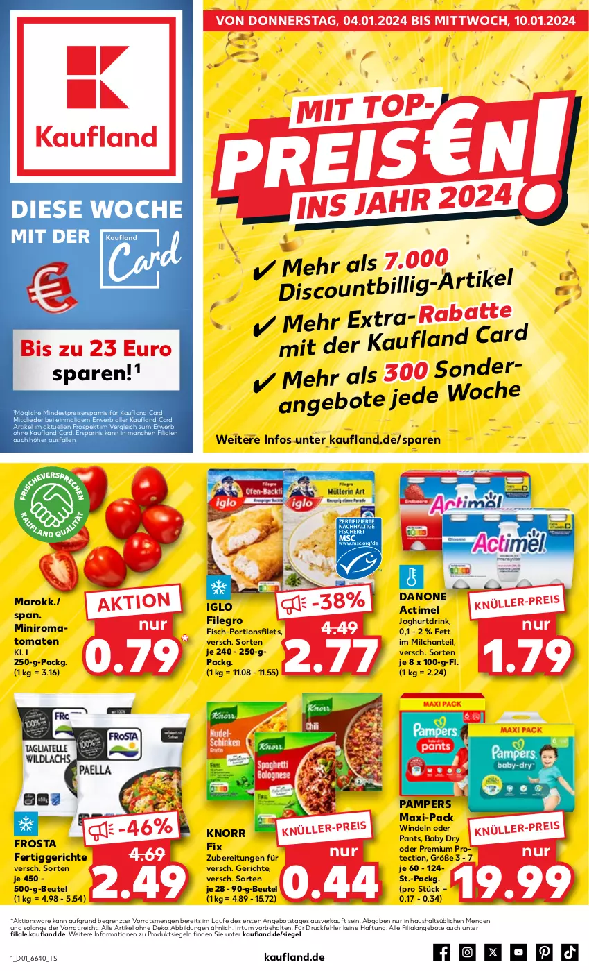 Aktueller Prospekt Kaufland - Prospekt - von 04.01 bis 10.01.2024 - strona 1 - produkty: actimel, angebot, angebote, beutel, danone, discount, drink, eis, elle, fertiggericht, fertiggerichte, filegro, filet, filets, fisch, frosta, iglo, joghur, joghurt, Joghurtdrink, knorr, knorr fix, milch, pampers, Pants, reis, Romatomaten, rwe, Ti, tomate, tomaten, windeln, ZTE