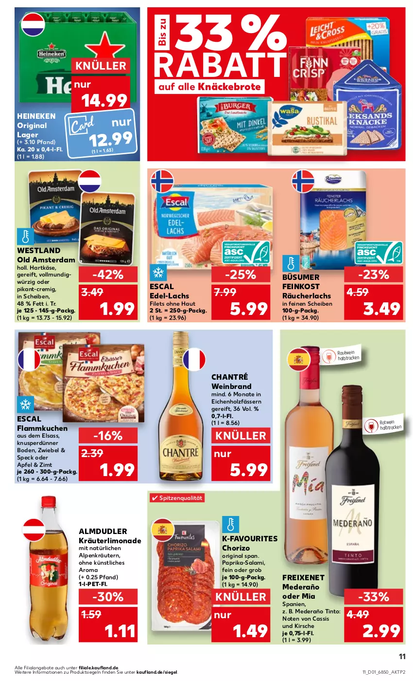 Aktueller Prospekt Kaufland - Prospekt - von 04.01 bis 10.01.2024 - strona 11 - produkty: almdudler, angebot, angebote, apfel, brot, cassis, chantré, chorizo, escal, feinkost, filet, filets, flammkuchen, freixenet, gin, hartkäse, heineken, Holz, Käse, kirsch, kirsche, knäckebrot, kräuter, kräutern, kuchen, lachs, lamm, limo, limonade, Old Amsterdam, paprika, Räucherlachs, roséwein, rotwein, salami, Speck, spitzenqualität, Ti, wein, weinbrand, zwiebel