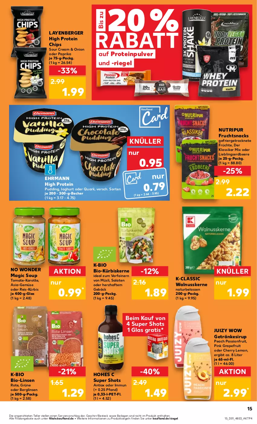 Aktueller Prospekt Kaufland - Prospekt - von 04.01 bis 10.01.2024 - strona 15 - produkty: angebot, angebote, Becher, beere, Berger, besteck, bio, chips, ehrmann, eis, elle, erdbeere, frucht, früchte, geschirr, getränk, getränke, getränkesirup, grapefruit, Hohes C, ilag, joghur, joghurt, Kürbis, kürbiskerne, linsen, müsli, natur, nuss, paprika, pudding, quark, reis, riegel, salat, salate, sirup, snack, snacks, sour cream, teller, Ti, tomate, walnuss, walnusskerne