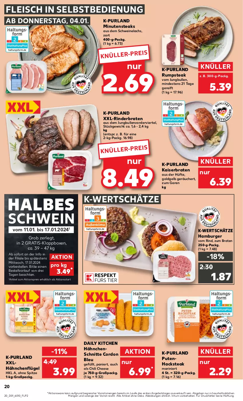 Aktueller Prospekt Kaufland - Prospekt - von 04.01 bis 10.01.2024 - strona 20 - produkty: aktionspreis, angebot, braten, burger, chili, cordon bleu, eis, elle, fleisch, fleisch in selbstbedienung, hähnchenflügel, hamburger, jungbullen, Kaiser, Klappbox, lachs, minutensteaks, purland, pute, Putenhacksteak, reis, rind, rinder, rinderbraten, rum, rumpsteak, schwein, schweine, Schweinelachs, steak, steaks, Ti, wein, weine, ZTE