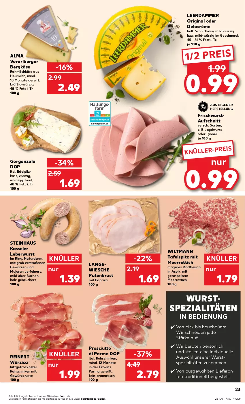 Aktueller Prospekt Kaufland - Prospekt - von 04.01 bis 10.01.2024 - strona 23 - produkty: angebot, angebote, aufschnitt, Berger, Bergkäse, buch, eis, elle, fleisch, gewürz, gin, gorgonzola, Heu, heumilch, Holz, jagdwurst, Käse, kasseler, leberwurst, leerdammer, lyoner, mac, meerrettich, milch, mit paprika, natur, nuss, paprika, prosciutto, Prosciutto di Parma, pute, putenbrust, reinert, reis, Rettich, rind, rindfleisch, ring, rohschinken, schinken, schnittkäse, Spezi, steinhaus, tafelspitz, Ti, tisch, wiltmann, wurst, Yo