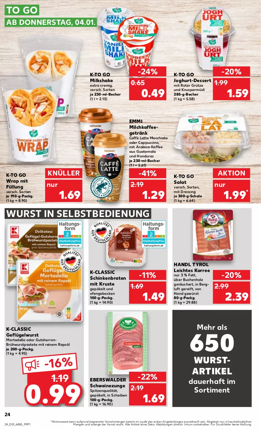 Aktueller Prospekt Kaufland - Prospekt - von 04.01 bis 10.01.2024 - strona 24 - produkty: ACC, angebot, auer, Becher, braten, Brühwurst, buch, caffè latte, Cap, cappuccino, chia, cin, dell, dessert, dressing, emmi, geback, Geflügel, getränk, gewürz, grütze, Holz, joghur, joghurt, kaffee, Knuspermüsli, latte, latte macchiato, mac, macchiato, milch, mortadella, müsli, oder cappuccino, Ofen, pastete, rapsöl, salat, Schal, Schale, schinken, schinkenbraten, schwein, schweine, Schweinezunge, shake, spitzenqualität, Ti, wein, weine, wrap, wurst, wurst in selbstbedienung, ZTE