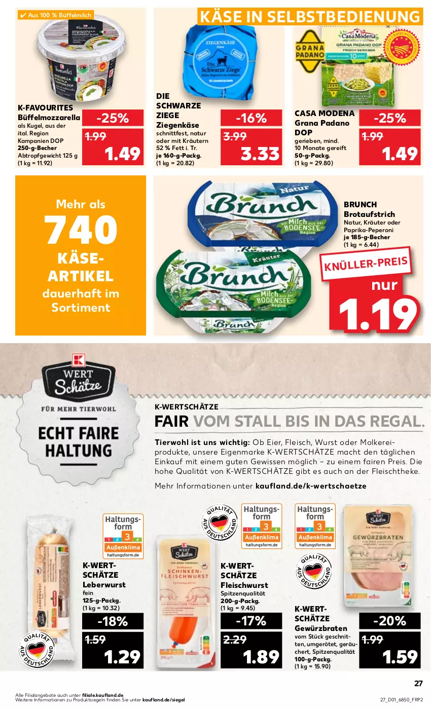 Aktueller Prospekt Kaufland - Prospekt - von 04.01 bis 10.01.2024 - strona 27 - produkty: angebot, angebote, auer, aufstrich, Becher, braten, brot, brotaufstrich, Casa Modena, eier, eis, fleisch, fleischwurst, gewürz, grana, grana padano, Käse, kräuter, kräutern, Kugel, leberwurst, mac, milch, Mode, molkereiprodukte, mozzarella, natur, padano, paprika, peperoni, Peroni, Rana, regal, reis, rel, schnitten, spitzenqualität, Ti, wurst, ziegenkäse