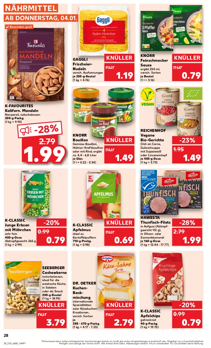 Aktueller Prospekt Kaufland - Prospekt - von 04.01 bis 10.01.2024 - strona 28 - produkty: angebot, apfel, apfelmus, backmischung, Berger, beutel, bio, blume, blumen, blumenöl, Cashew, cashewkerne, chili, chips, Dr. Oetker, eier, eiernudeln, eintopf, erbsen, feinschmecker, filet, filets, fisch, gaggli, gulasch, Gulaschsuppe, hawesta, hühner, junge erbsen, kartoffel, kartoffelpuffer, Käse, käsekuchen, knorr, kraft, küche, kuchen, linsen, mandel, mandeln, natur, nudel, nudeln, olive, oliven, rind, salat, salate, sauce, seeberger, snack, soja, sonnenblume, sonnenblumen, sonnenblumenöl, Spezi, suppe, thunfisch, Ti, tisch, topf, ZTE