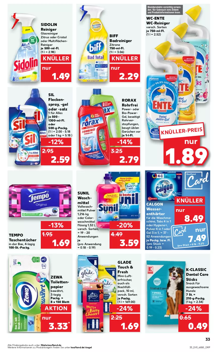 Aktueller Prospekt Kaufland - Prospekt - von 04.01 bis 10.01.2024 - strona 33 - produkty: angebot, angebote, Bad, biff, bio, calgon, colorwaschmittel, eis, ente, Glade, Glasreiniger, LG, lufterfrischer, papier, reiniger, rorax, salz, sidolin, snack, sunil, Tasche, taschen, taschentücher, Tempo, Ti, toilettenpapier, topf, tücher, vollwaschmittel, waschmaschine, waschmittel, wasser, wasserenthärter, wc-reiniger, zewa, zitrone