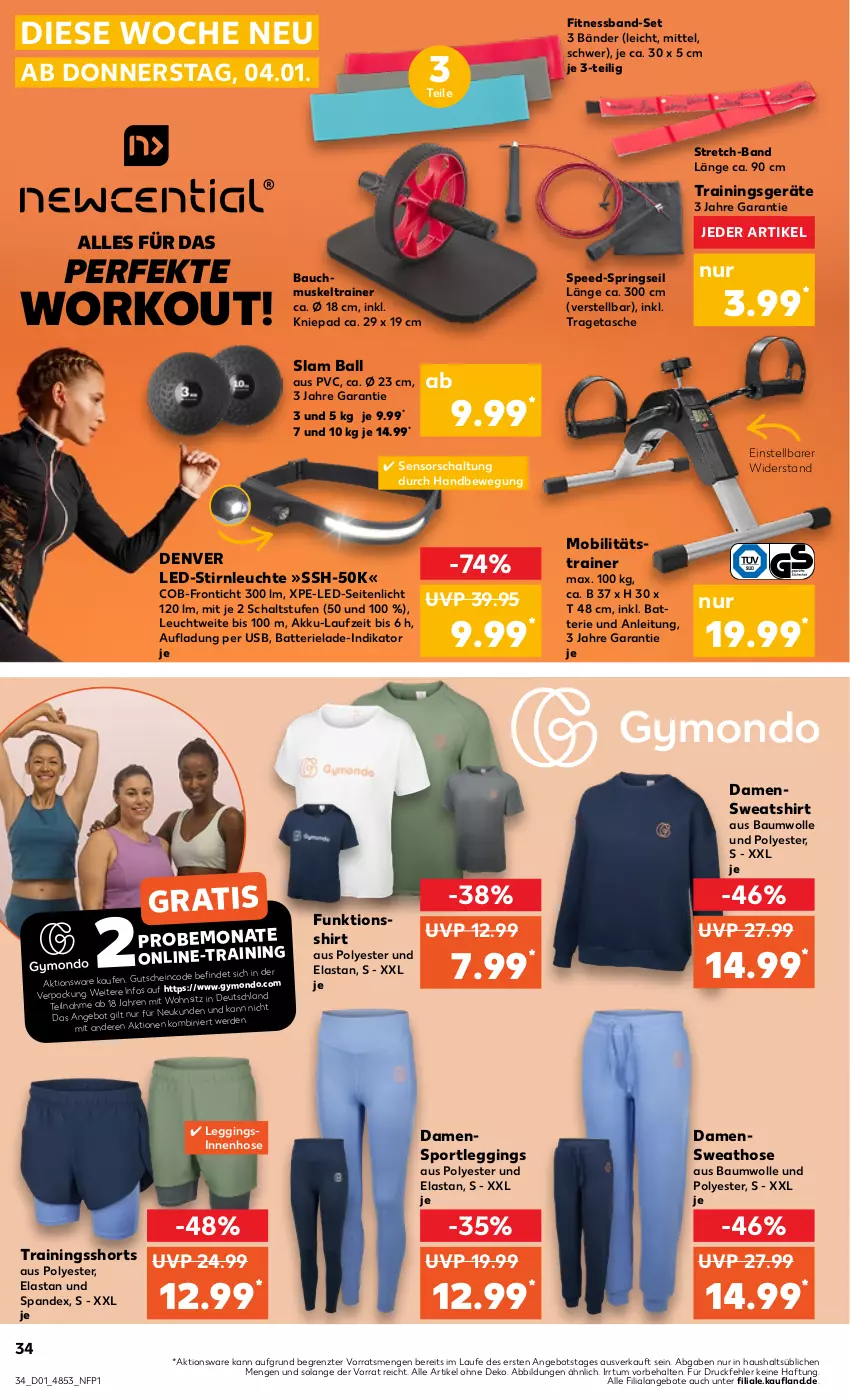 Aktueller Prospekt Kaufland - Prospekt - von 04.01 bis 10.01.2024 - strona 34 - produkty: akku, angebot, angebote, ball, batterie, Bau, baumwolle, erde, funktionsshirt, gin, hose, leggings, Leuchte, ring, Schal, shirt, shorts, spee, Sport, Sweathose, Sweatshirt, Tasche, Ti, tragetasche, usb, wolle, ZTE