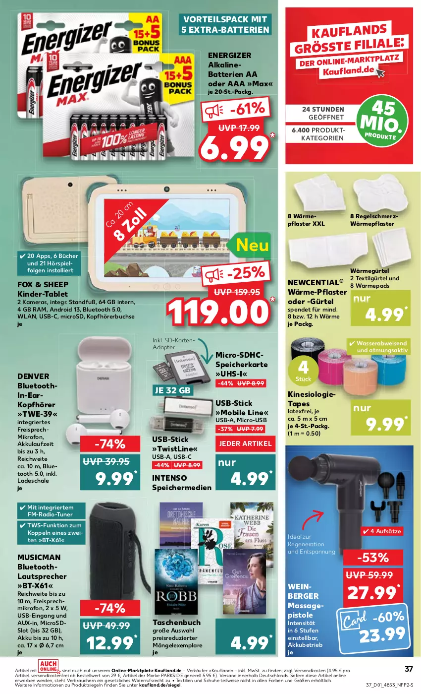 Aktueller Prospekt Kaufland - Prospekt - von 04.01 bis 10.01.2024 - strona 37 - produkty: adapter, akku, batterie, batterien, Berger, buch, eis, energizer, erde, intenso, kamera, Kameras, Kinder, kopfhörer, lautsprecher, LG, microsd, ndk, Parkside, pflaster, Radio, Rauch, reis, rel, Schal, Schale, schuhe, speicherkarte, tablet, Tasche, taschen, Taschenbuch, Ti, tuner, usb, versandkostenfrei, wasser, wein