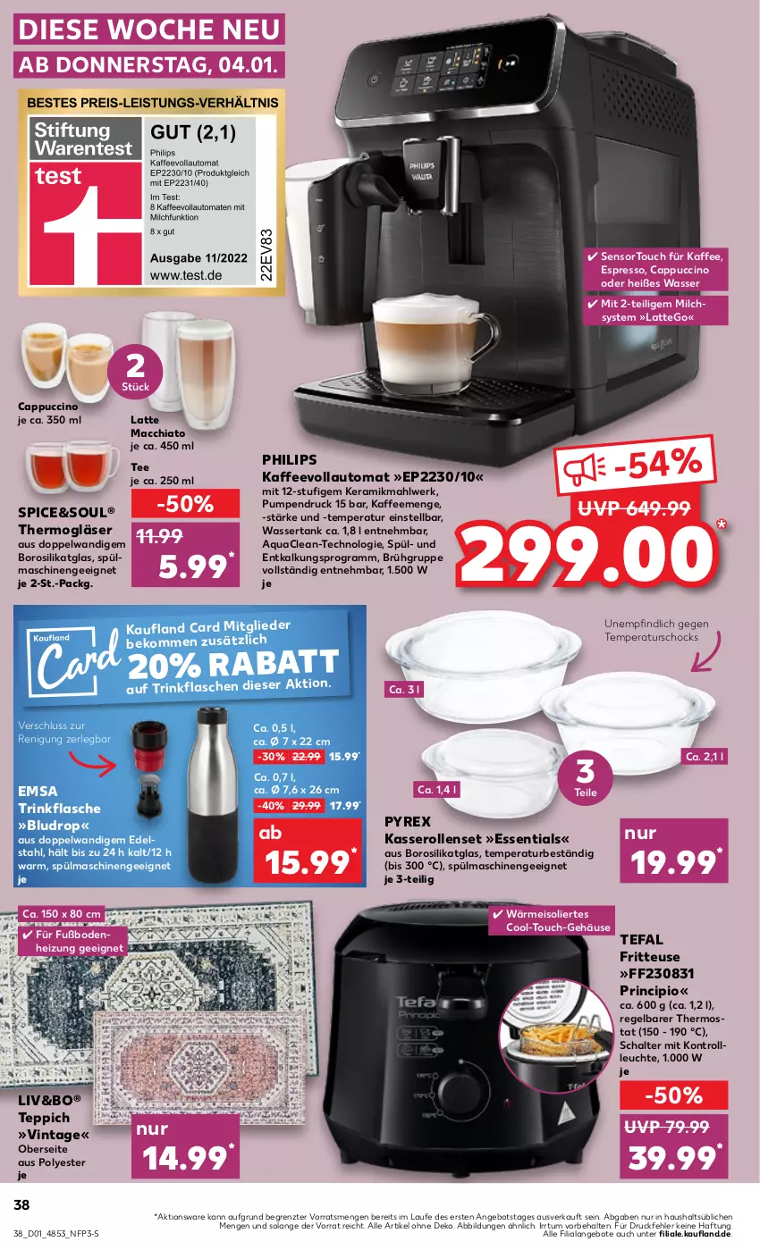 Aktueller Prospekt Kaufland - Prospekt - von 04.01 bis 10.01.2024 - strona 38 - produkty: ACC, angebot, angebote, aqua, auto, beko, Cap, cappuccino, chia, cin, edelstahl, eis, emsa, espresso, flasche, fritteuse, Gläser, kaffee, kaffeevollautomat, latte, latte macchiato, Leuchte, mac, macchiato, milch, Philips, pyrex, Schal, spülmaschinen, tee, tefal, teppich, Thermogläser, thermostat, Ti, trinkflasche, wasser, wassertank, ZTE