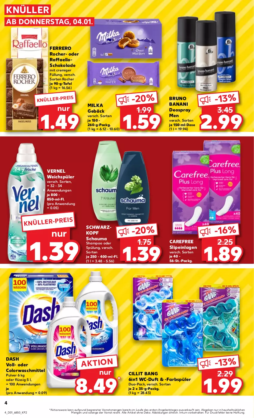 Aktueller Prospekt Kaufland - Prospekt - von 04.01 bis 10.01.2024 - strona 4 - produkty: angebot, bruno banani, carefree, Cillit, cillit bang, colorwaschmittel, deo, deospray, eis, ferrero, Ferrero Rocher, milka, raffaello, schauma, schoko, schokolade, schwarzkop, schwarzkopf, shampoo, shampoo oder spülung, slip, slipeinlagen, spülung, Ti, vernel, waschmittel, weichspüler, ZTE