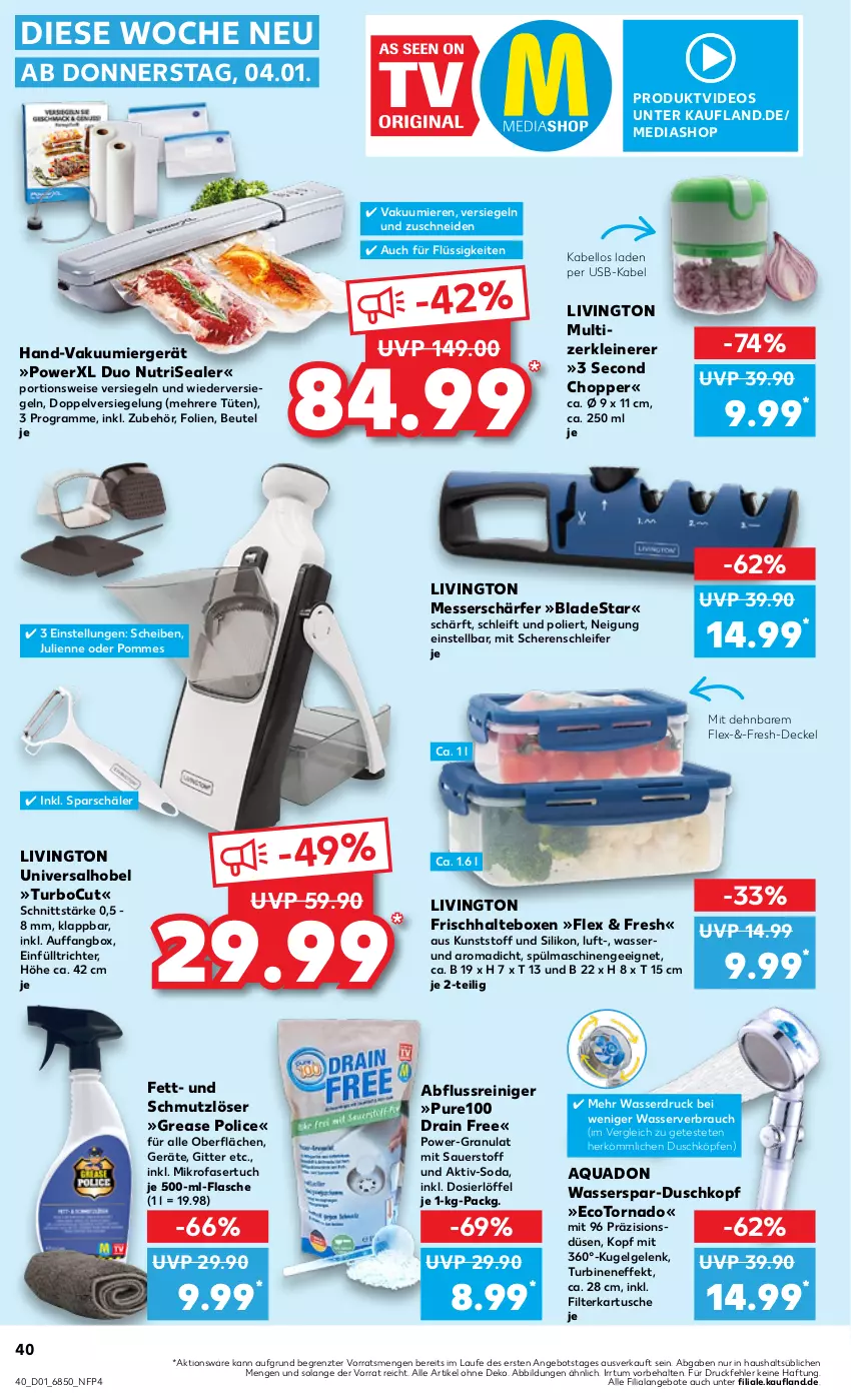 Aktueller Prospekt Kaufland - Prospekt - von 04.01 bis 10.01.2024 - strona 40 - produkty: angebot, angebote, aqua, auer, beutel, decke, Deckel, deo, Einfülltrichter, eis, flasche, je 500-ml-flasche, Kugel, leine, LG, Löffel, mediashop, messer, mikrofaser, pommes, quad, Rauch, reiniger, Schere, Soda, spülmaschinen, Ti, tuc, Tüte, usb, wasser, Zerkleinerer, ZTE