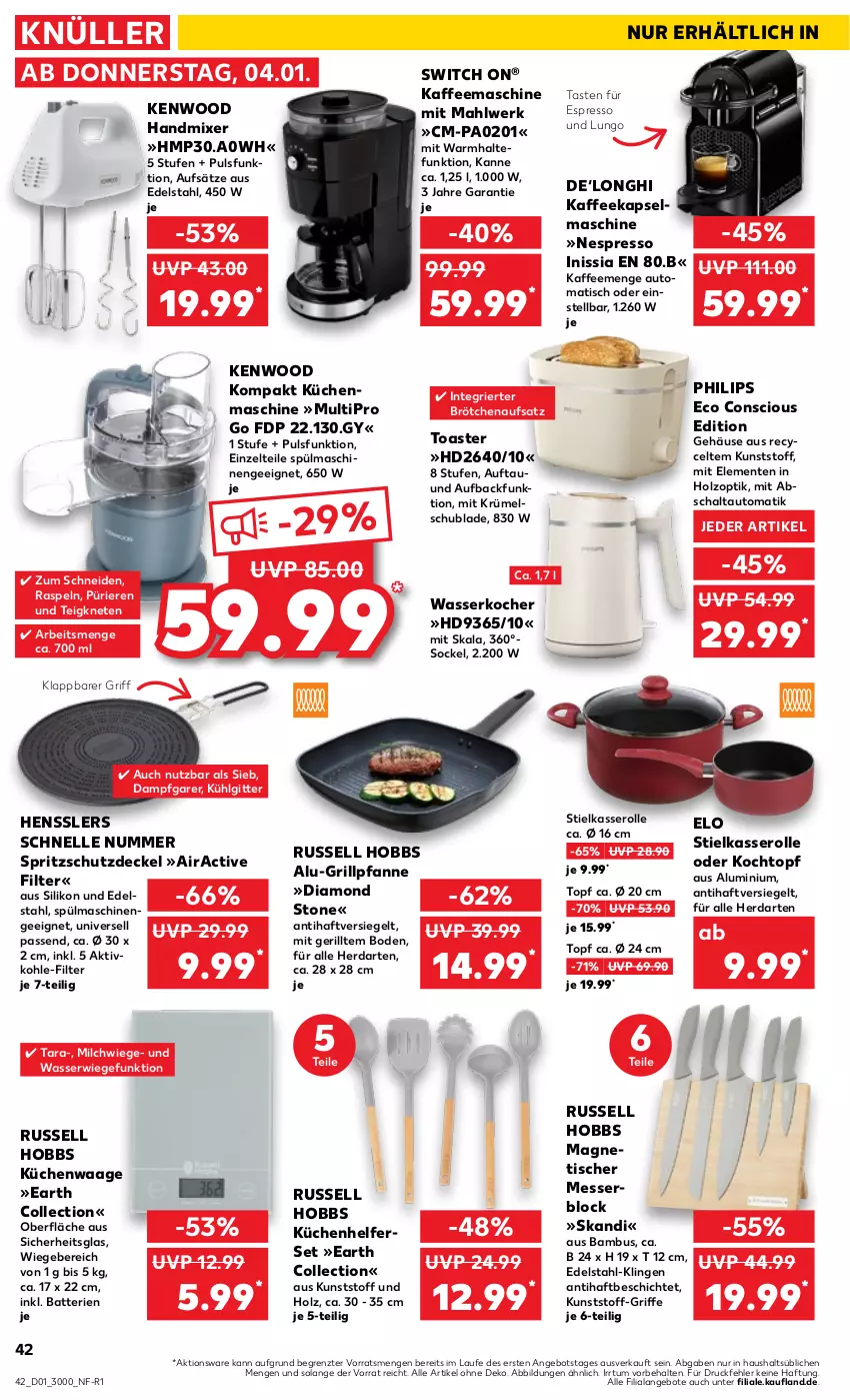 Aktueller Prospekt Kaufland - Prospekt - von 04.01 bis 10.01.2024 - strona 42 - produkty: angebot, angebote, auto, bambus, batterie, batterien, brötchen, brötchenaufsatz, decke, Deckel, edelstahl, elle, ente, espresso, gefu, grill, Grillpfanne, handmixer, herdarten, Holz, kaffee, kaffeemaschine, Kapselmaschine, Kocher, Kochtopf, küche, Küchen, Küchenhelfer, küchenmaschine, Küchenwaage, LG, lungo, messer, messerblock, milch, Mixer, Mp3, nespresso, pfanne, Philips, russell hobbs, Schal, Spritzschutz, spülmaschinen, stielkasserolle, Ti, tisch, toast, toaster, topf, Waage, wasser, wasserkocher, Zelt, ZTE