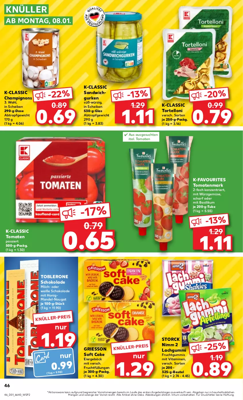 Aktueller Prospekt Kaufland - Prospekt - von 04.01 bis 10.01.2024 - strona 46 - produkty: angebot, basilikum, beutel, champignon, champignons, eier, eis, frucht, fruchtgummi, fruchtgummis, griesson, gurke, gurken, honig, lachgummi, mandel, milch, Nimm 2, sandwich, schoko, schokolade, storck, Ti, toblerone, tomate, tomaten, Tomaten Passiert, tomatenmark, torte, tortelloni, vita, Vitamine, Weiße Schokolade, ZTE