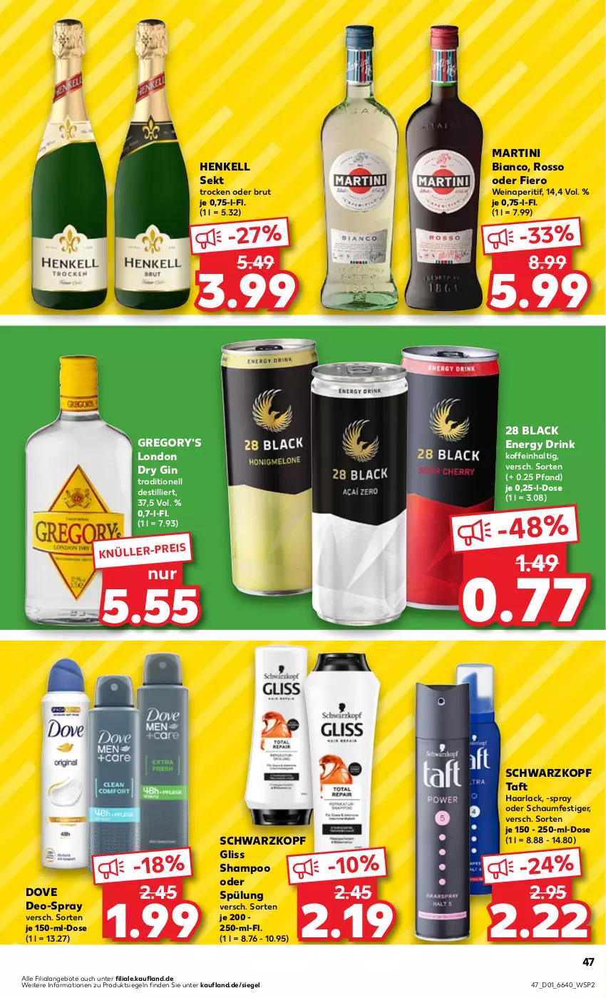 Aktueller Prospekt Kaufland - Prospekt - von 04.01 bis 10.01.2024 - strona 47 - produkty: angebot, angebote, aperitif, arla, brut, deo, dove, drink, dry gin, eis, energy drink, gin, gliss, Haarlack, henkel, henkell, henkell sekt, lack, london dry, london dry gin, martini, oder schaumfestiger, schaumfestiger, schwarzkop, schwarzkopf, sekt, shampoo, shampoo oder spülung, spülung, Taft, Ti, wein