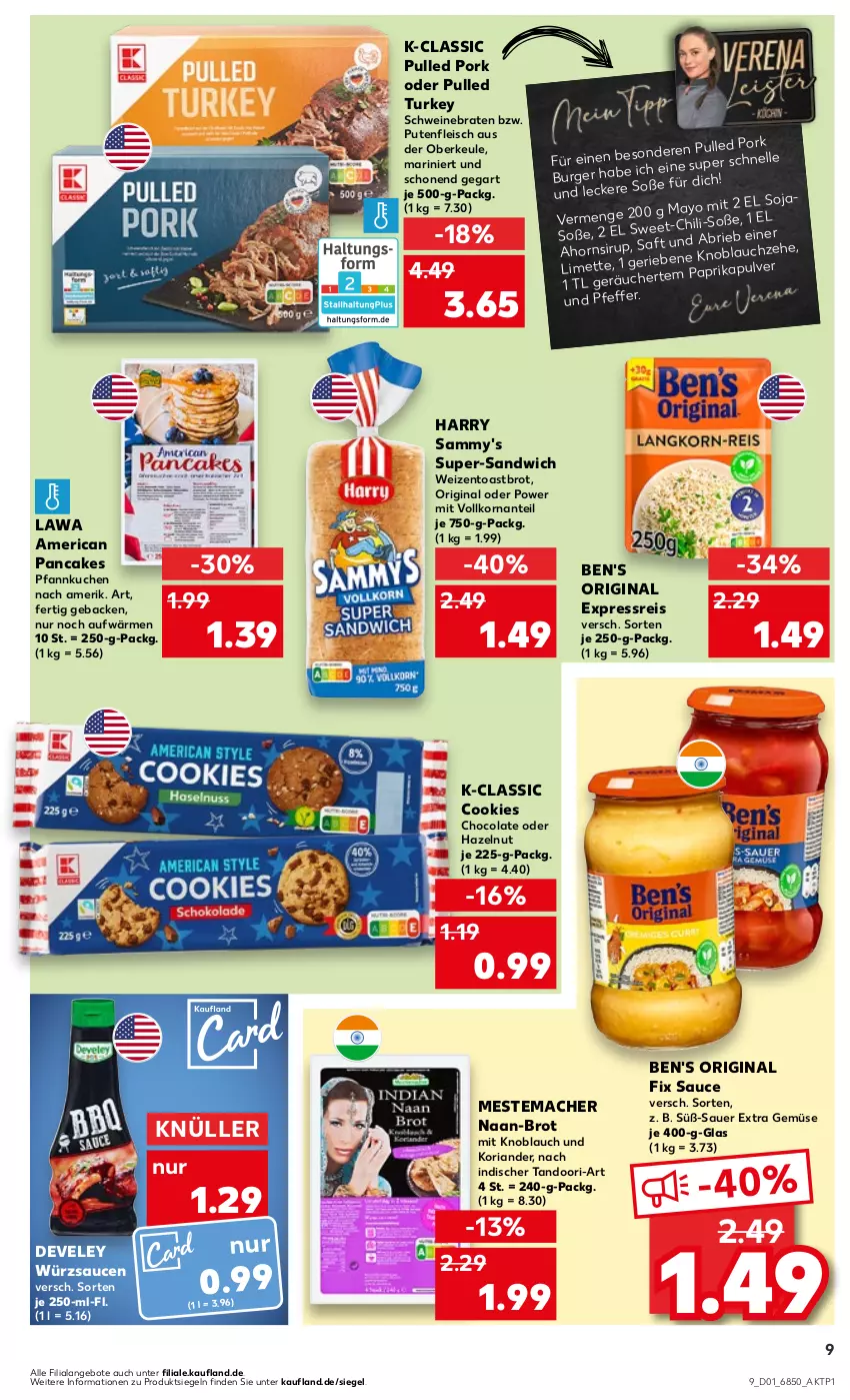 Aktueller Prospekt Kaufland - Prospekt - von 04.01 bis 10.01.2024 - strona 9 - produkty: angebot, angebote, auer, braten, brie, brot, burger, chili, cola, cookie, cookies, develey, eis, elle, fleisch, geback, gin, knoblauch, Koriander, korn, kuchen, limette, mac, mestemacher, Mett, mit knoblauch, paprika, Pfannkuchen, Pulled Pork, pute, Putenfleisch, reis, Ria, sandwich, sauce, saucen, schwein, schweine, schweinebraten, soja, Soße, Ti, toast, Toastbrot, wein, weine, würzsauce, würzsaucen, Yo