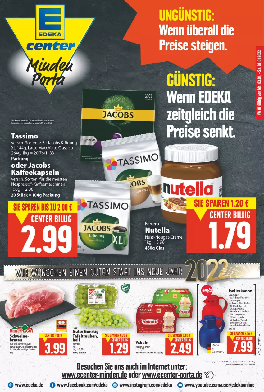 Aktueller Prospekt E Center - Angebote der Woche - von 03.01 bis 08.01.2022 - strona 1 - produkty: ACC, braten, chia, classico, creme, deka, eis, ente, espresso, ferrero, Germ, gin, isolierkanne, jacobs, jacobs krönung, kaffee, kaffeekapseln, kaffeemaschine, latte, latte macchiato, mac, macchiato, nespresso, nuss, nuss-nougat-creme, oder jacobs, reis, saft, Schal, Schale, schwein, schweine, sim, tafeltrauben, tassimo, Ti, trauben, wein, weine, Yo