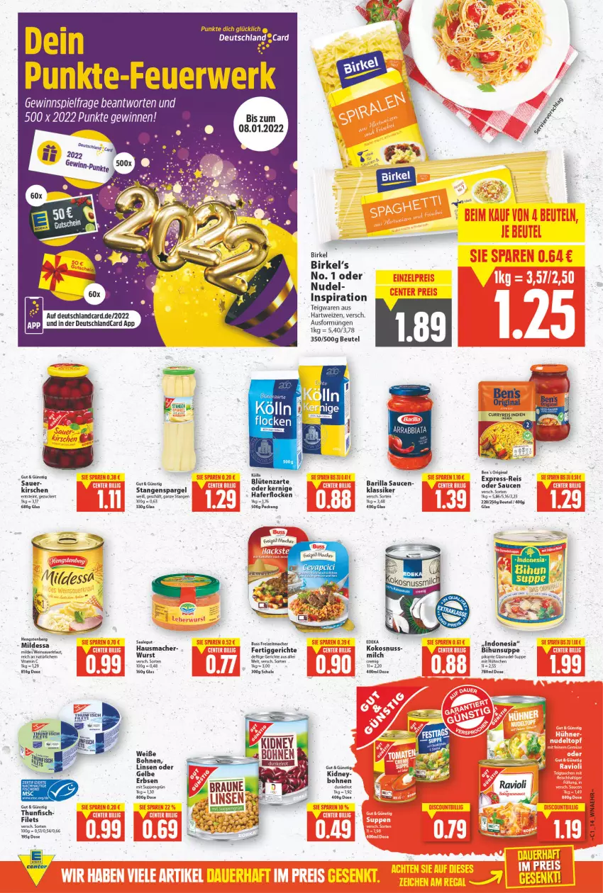 Aktueller Prospekt E Center - Angebote der Woche - von 03.01 bis 08.01.2022 - strona 12 - produkty: auer, barilla, Ben’s Original, beutel, birkel, Blüte, bohne, bohnen, eis, erbsen, express-reis, fertiggericht, fertiggerichte, filet, filets, fisch, gewinnspiel, gin, hartweizen, hengstenberg, kidney, kirsch, kirsche, kirschen, kölln, LG, linsen, mac, nudel, reis, sauce, saucen, Schal, Schale, spargel, stangenspargel, suppe, suppen, teigwaren, thunfisch, Ti, vita, Vitamin C, wein, zucker