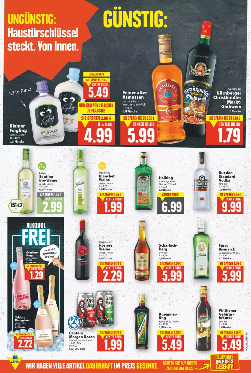 Aktueller Prospekt E Center - Angebote der Woche - von 03.01 bis 08.01.2022 - strona 14 - produkty: alkohol, arla, Berger, bio, Bio-Wein, bismarck, Cap, captain morgan, doppelkorn, flasche, Glühwein, gracioso, hugo, Kindle, kleiner feigling, korn, kräuter, kräuterlikör, leine, likör, nürnberger, rum, russian standard, Ti, vodka, wein, weine, wilthener