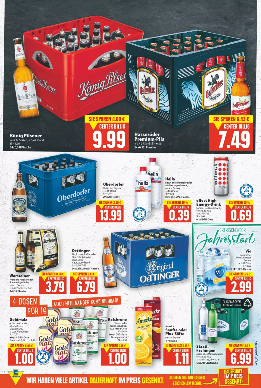 Aktueller Prospekt E Center - Angebote der Woche - von 03.01 bis 08.01.2022 - strona 15 - produkty: alkohol, Alwa, amecke, bier, cola, deka, drink, Effect, eis, elle, ente, flasche, frucht, getränk, getränke, glasflasche, hasseröder, hella, könig pilsener, krone, mac, malz, mineralwasser, mit frucht, natur, natürliches mineralwasser, oder radler, oettinger, pils, pilsener, radler, reis, säfte, Staatl. Fachingen, steiner, Ti, warsteiner, wasser