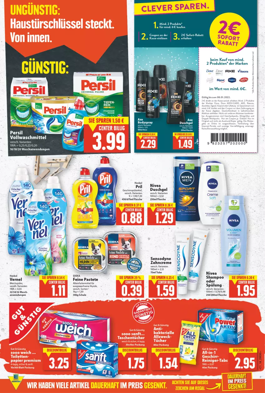 Aktueller Prospekt E Center - Angebote der Woche - von 03.01 bis 08.01.2022 - strona 16 - produkty: alleinfuttermittel, axe, Bad, coupon, creme, deka, dusche, duschgel, Effect, flasche, geschirr, geschirrspülmittel, gin, henkel, karotten, megaperls, nivea, pasta, pastete, persil, pril, rexona, Ria, Schal, Schale, sensodyne, shampoo, shampoo oder spülung, Signal, sofort-rabatt, spülmittel, spülung, Ti, universal megaperls, Vase, vernel, vollwaschmittel, waschmittel, weichspüler, zahncreme