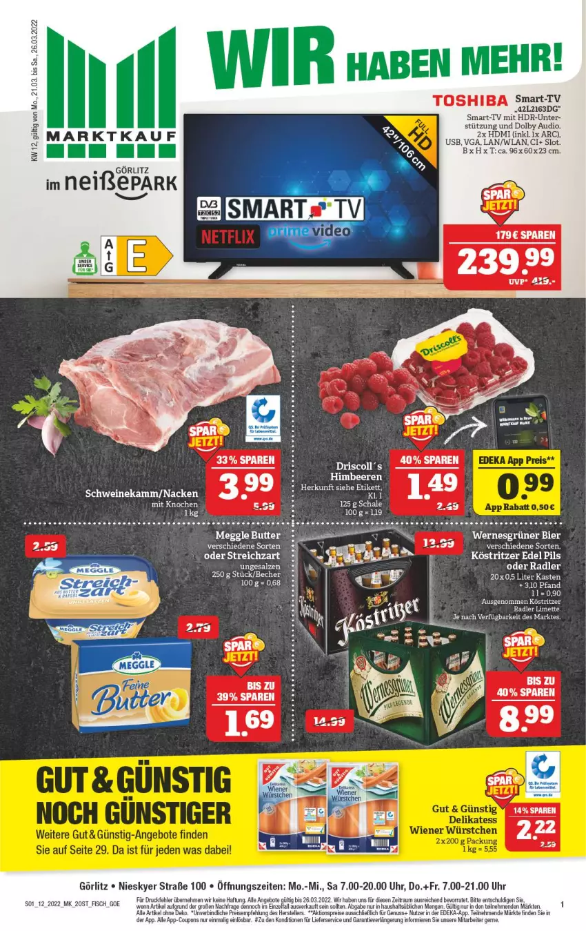 Aktueller Prospekt Marktkauf - Prospekt - von 20.03 bis 26.03.2022 - strona 1 - produkty: aktionspreis, angebot, angebote, beere, beeren, butter, coupon, coupons, deka, eis, elle, fisch, HDMI, himbeer, himbeere, himbeeren, köstritzer, lieferservice, limette, meggle, Mett, nuss, oder radler, pils, radler, reis, salz, Schal, Schale, schwein, schweine, Streichzart, teller, Ti, toshiba, uhr, usb, wein, weine