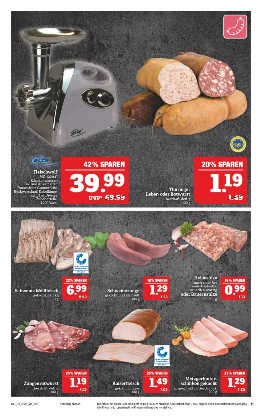 Aktueller Prospekt Marktkauf - Prospekt - von 20.03 bis 26.03.2022 - strona 11 - produkty: auer, Bau, Bauer, edelstahl, edelstahlmesser, eis, elle, fleisch, Kaiser, mac, messer, reis, Rotwurst, Schal, schinken, schwein, schweine, Schweinezunge, teller, Ti, wein, weine, wurst