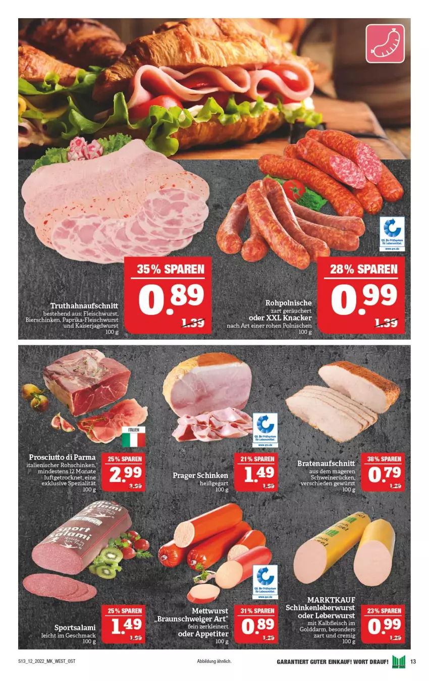 Aktueller Prospekt Marktkauf - Prospekt - von 20.03 bis 26.03.2022 - strona 13 - produkty: aufschnitt, bier, bierschinken, dip, eis, fleisch, fleischwurst, gewürz, HP, jagdwurst, Kaiser, knacker, leberwurst, mac, Mett, mettwurst, paprika, prosciutto, rohschinken, schinken, schwein, schweine, schweinerücken, Spezi, Ti, truthahn, wein, weine, wurst