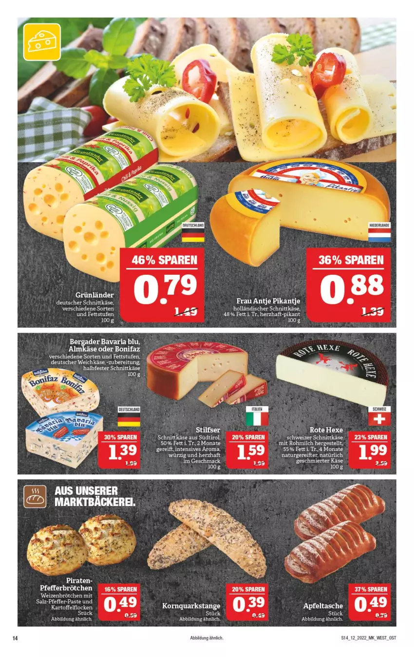 Aktueller Prospekt Marktkauf - Prospekt - von 20.03 bis 26.03.2022 - strona 14 - produkty: almkäse, apfel, Apfeltasche, bavaria blu, bergader, brötchen, deutscher schnittkäse, deutscher weichkäse, grünländer, halbfester schnittkäse, holländischer schnittkäse, kartoffel, Käse, korn, mac, milch, natur, pfeffer, quark, Ria, salz, schnittkäse, schweizer schnittkäse, Tasche, Ti, weichkäse, weizenbrötchen