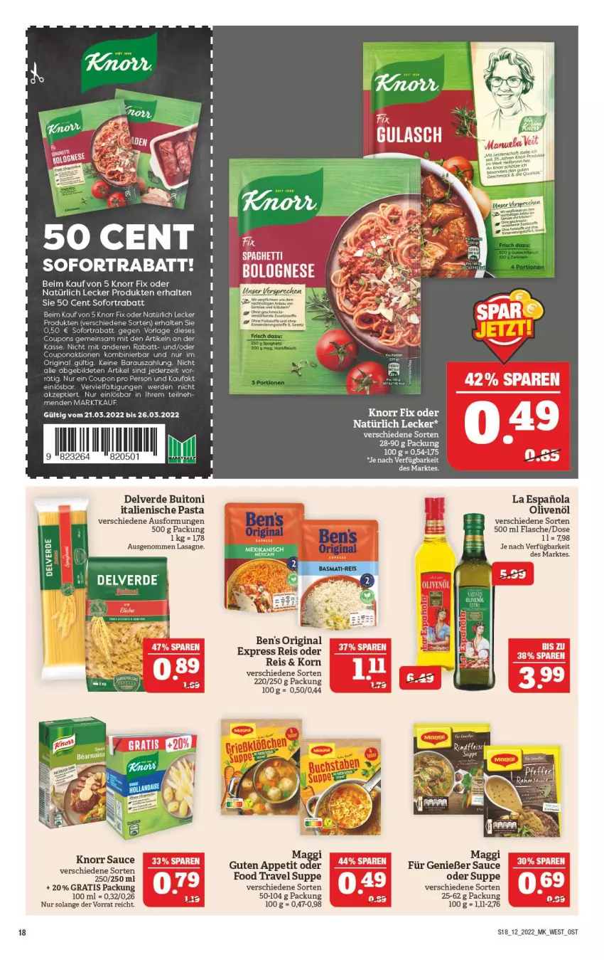 Aktueller Prospekt Marktkauf - Prospekt - von 20.03 bis 26.03.2022 - strona 18 - produkty: Bau, buitoni, eis, erde, flasche, gin, italienische pasta, knorr, knorr fix, korn, lasagne, LG, mac, olive, oliven, olivenöl, pasta, reis, sauce, sofortrabatt, suppe, Ti