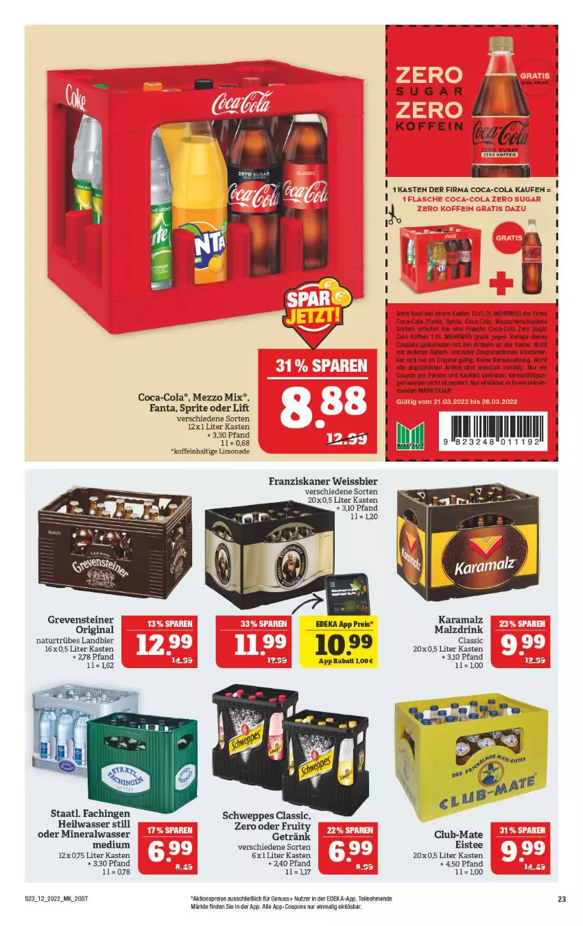 Aktueller Prospekt Marktkauf - Prospekt - von 20.03 bis 26.03.2022 - strona 23 - produkty: aktionspreis, Alwa, bier, coca-cola, cola, coupon, coupons, deka, drink, eis, eistee, erde, fanta, flasche, franziskaner, getränk, gin, grevensteiner, limo, limonade, malz, Mezzo Mix, mineralwasser, natur, nuss, reis, rwe, schweppes, sprite, Staatl. Fachingen, steiner, tee, Ti, wasser, weissbier