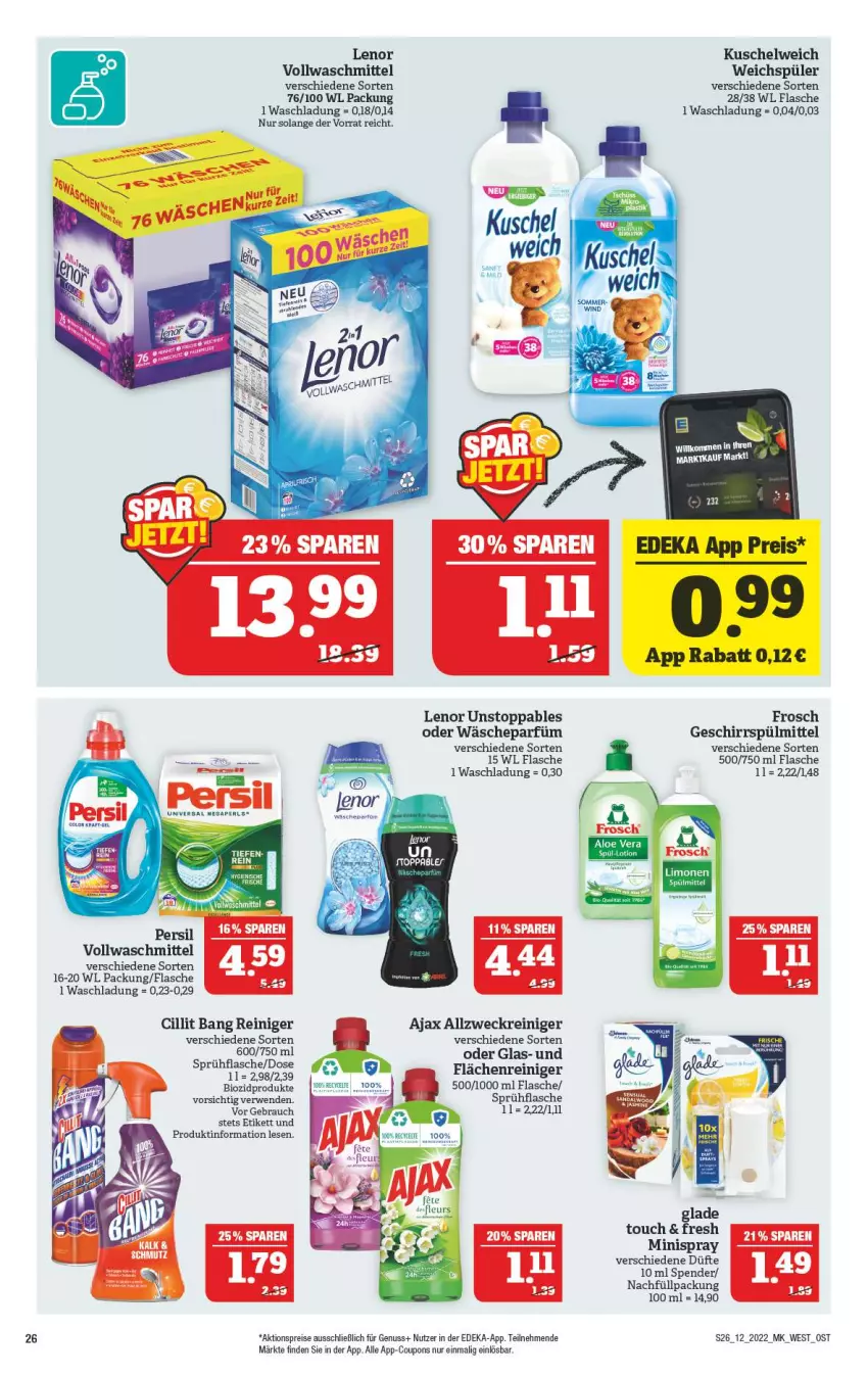 Aktueller Prospekt Marktkauf - Prospekt - von 20.03 bis 26.03.2022 - strona 26 - produkty: ajax, aktionspreis, allzweckreiniger, bio, biozidprodukte, Cillit, cillit bang, coupon, coupons, deka, eis, flasche, Frosch, geschirr, geschirrspülmittel, Glade, Kuschelweich, lenor, limo, limonen, megaperls, nuss, persil, Rauch, reiniger, reis, rwe, sprühflasche, spülmittel, Ti, universal megaperls, vollwaschmittel, wäscheparfüm, waschmittel, weck, weichspüler