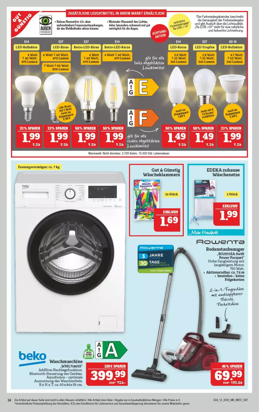 Aktueller Prospekt Marktkauf - Prospekt - von 20.03 bis 26.03.2022 - strona 34 - produkty: aqua, auer, beko, beutel, bodenstaubsauger, bürste, deka, eis, elle, gefu, kerze, Klammern, lamm, LED-Kerze, LG, lieferservice, reis, rowenta, staubsauger, teller, Ti, waschmaschine, waschmittel