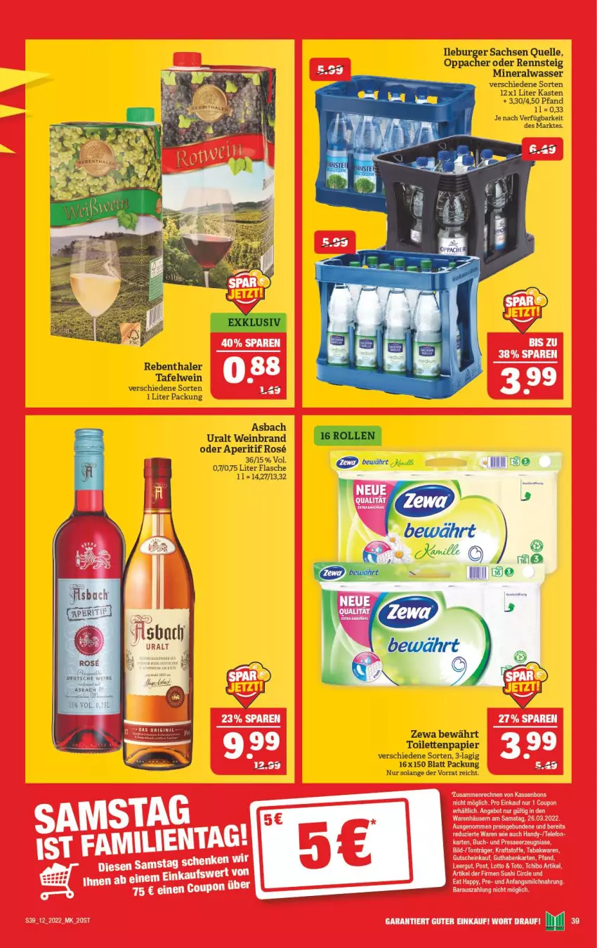 Aktueller Prospekt Marktkauf - Prospekt - von 20.03 bis 26.03.2022 - strona 39 - produkty: Alwa, aperitif, asbach uralt, buch, burger, coupon, eis, elle, flasche, guthabenkarte, gutschein, Handy, kraft, mineralwasser, papier, reis, sac, tee, telefon, Ti, toilettenpapier, wasser, wein, weinbrand, zewa