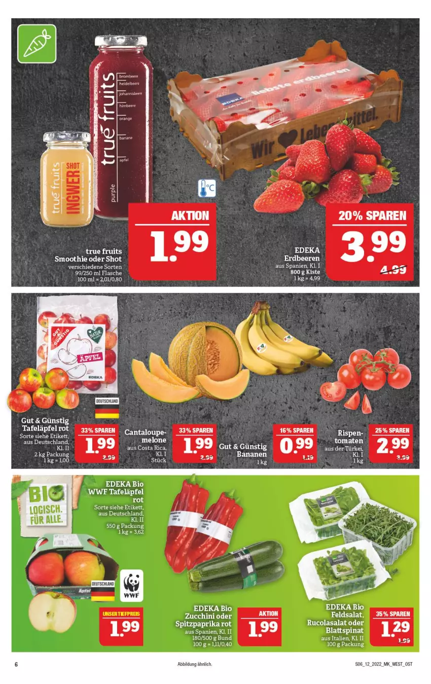 Aktueller Prospekt Marktkauf - Prospekt - von 20.03 bis 26.03.2022 - strona 6 - produkty: banane, bananen, beere, bio, blattspinat, brombeere, cola, deka, edeka bio, feldsalat, flasche, heidelbeere, johannisbeere, paprika, paprika rot, rucola, salat, smoothie, spinat, Spitzpaprika, tafeläpfel, Ti, tomate, tomaten, true fruits, zucchini