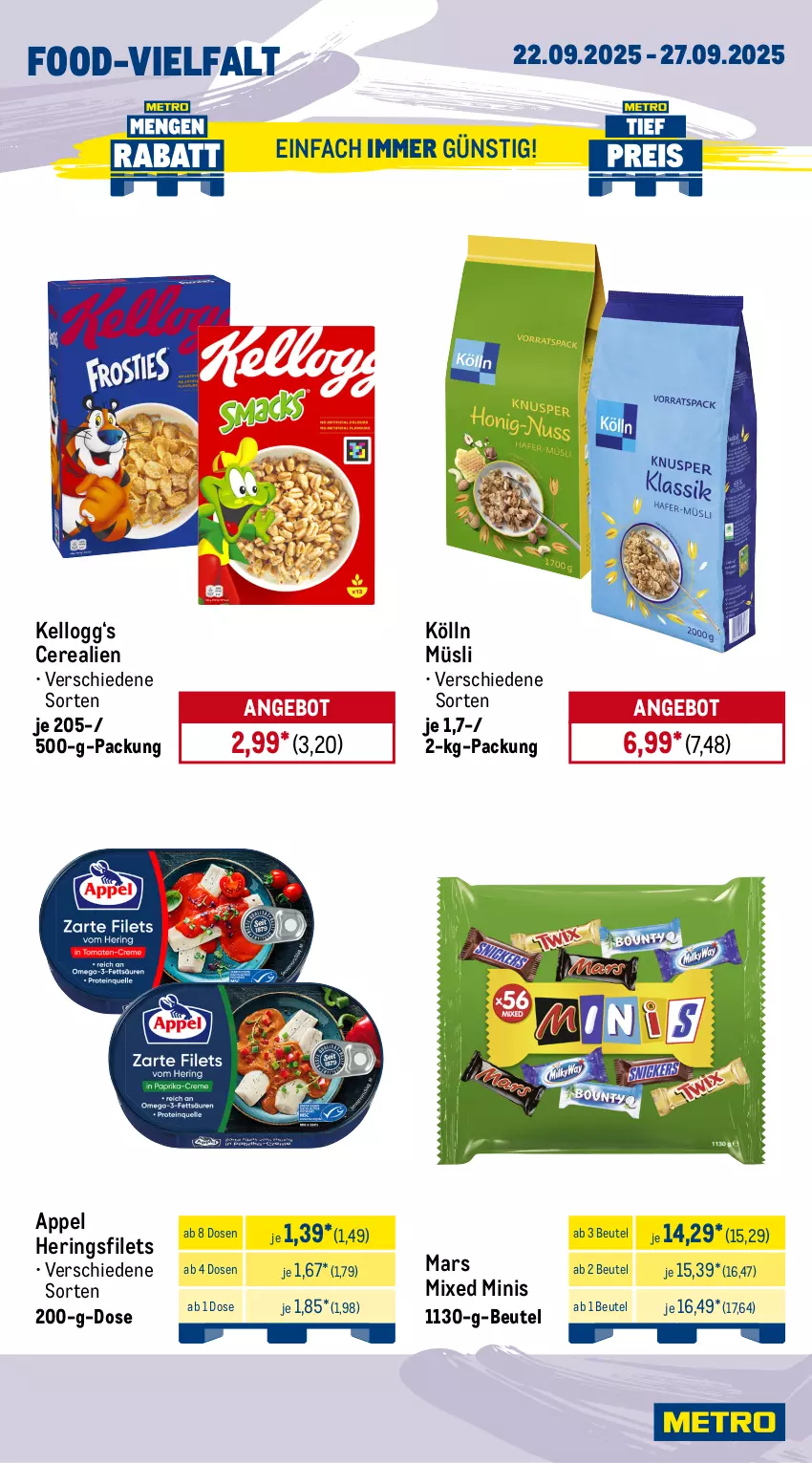 Aktueller Prospekt Metro - Wochen-Angebote - von 22.09 bis 27.09.2025 - strona 11 - produkty: angebot, beutel, cerealien, eis, filet, filets, gin, hering, Herings, heringsfilets, Käse, Kellogg‘s, kölln, leberkäs, leberkäse, mars, müsli, nuss, pizza, reis, ring, Schal, Schale, Ti, Weißwurst, wurst