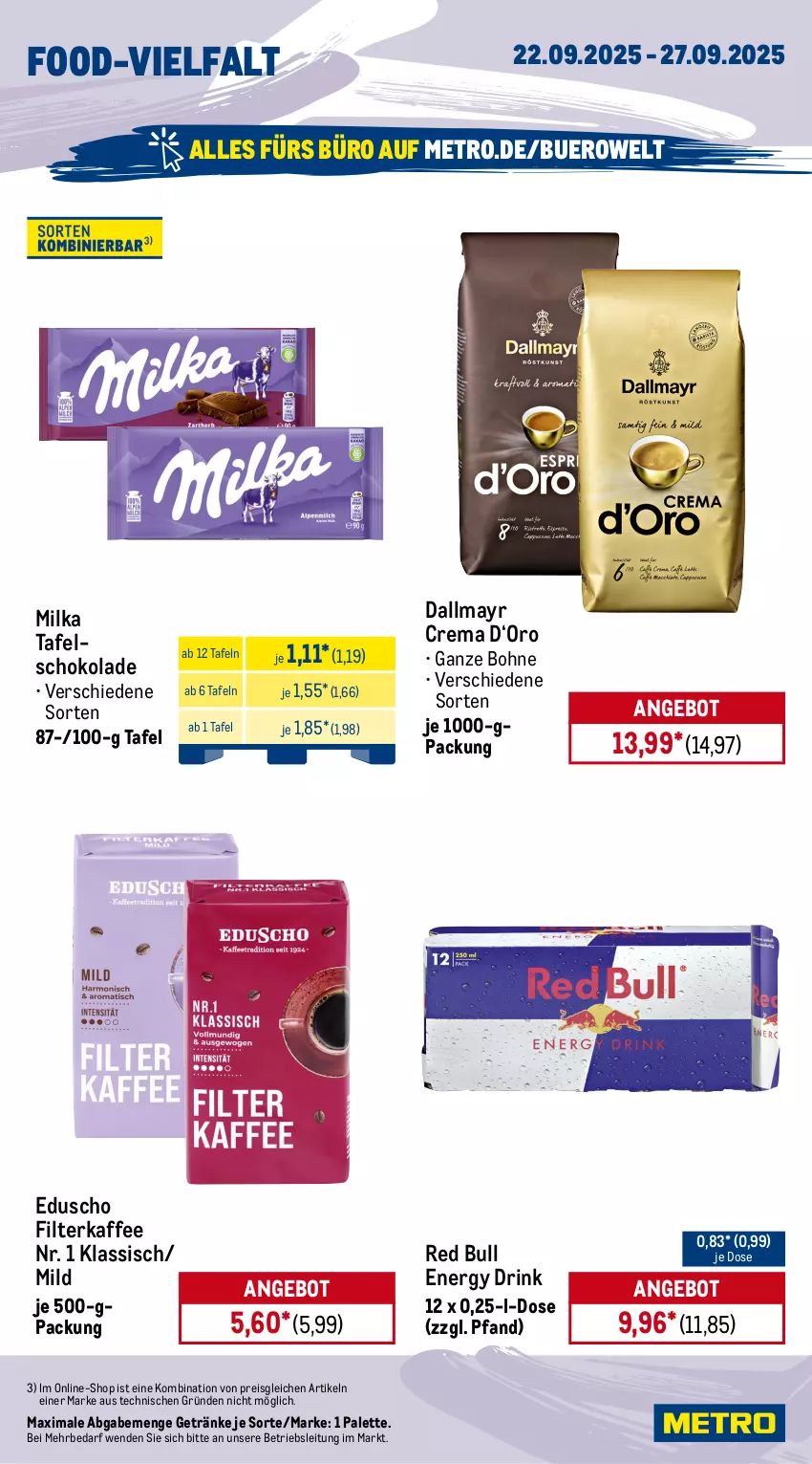 Aktueller Prospekt Metro - Wochen-Angebote - von 22.09 bis 27.09.2025 - strona 12 - produkty: angebot, Apple, bohne, dallmayr, drink, eduscho, eis, energy drink, filterkaffee, flasche, getränk, getränke, gösser, jack daniel, kaffee, Metro, milka, natur, Palette, radler, red bull, reis, schoko, schokolade, schweppes, Spaten, tafelschokolade, Ti