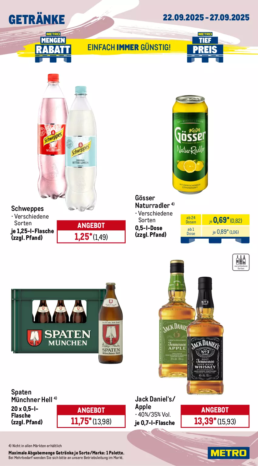 Aktueller Prospekt Metro - Wochen-Angebote - von 22.09 bis 27.09.2025 - strona 13 - produkty: angebot, Apple, bohne, dallmayr, drink, eduscho, eis, energy drink, filterkaffee, flasche, getränk, getränke, gösser, jack daniel, kaffee, Metro, milka, natur, Palette, radler, red bull, reis, schoko, schokolade, schweppes, Spaten, tafelschokolade, Ti
