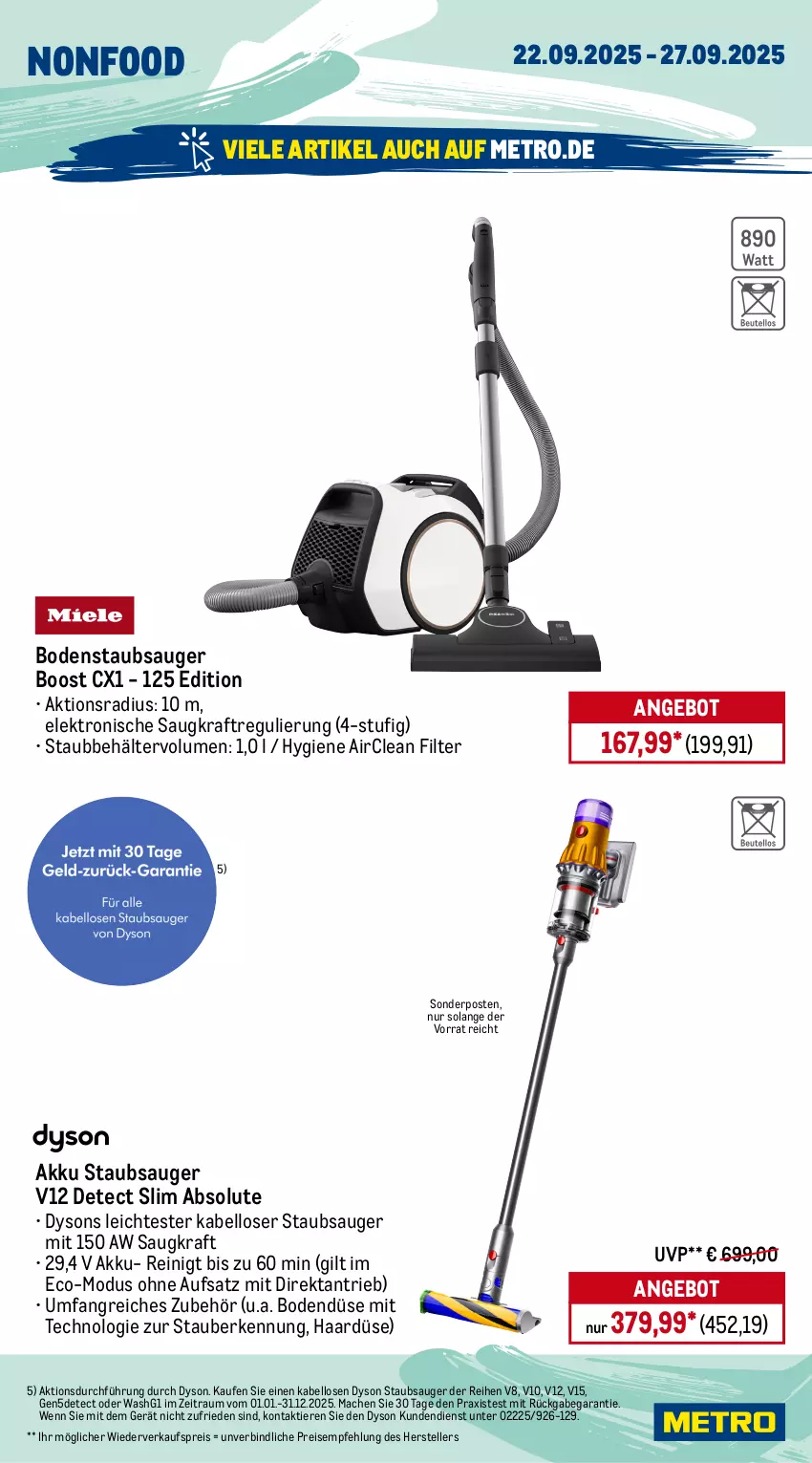 Aktueller Prospekt Metro - Wochen-Angebote - von 22.09 bis 27.09.2025 - strona 17 - produkty: akku, angebot, Behälter, bodenstaubsauger, Dyson, eis, Elektro, elle, feinwaschmittel, flasche, geschirr, geschirrspülmittel, hochdruckreiniger, kraft, mac, Metro, Palette, papier, perwoll, reiniger, reis, schlauch, somat, sonderposten, spülmittel, staubsauger, teller, Ti, Tiere, Trockensauger, waschmittel